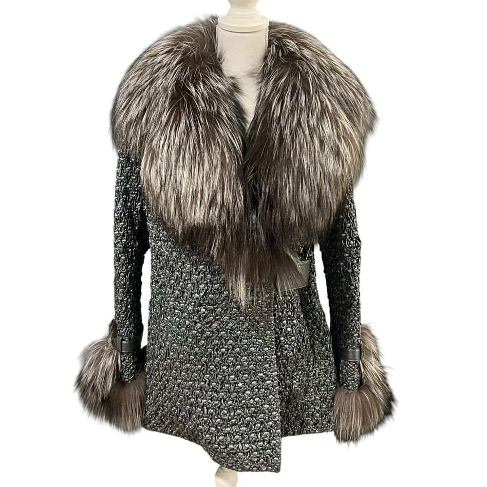 Womens Bubble Lambskin Leather Jacket Genuine Silver Fox Trim Size M Stretch